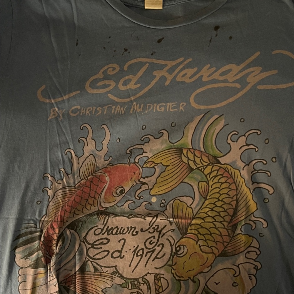 Ed Hardy Blue Tee with Koi Fish Design